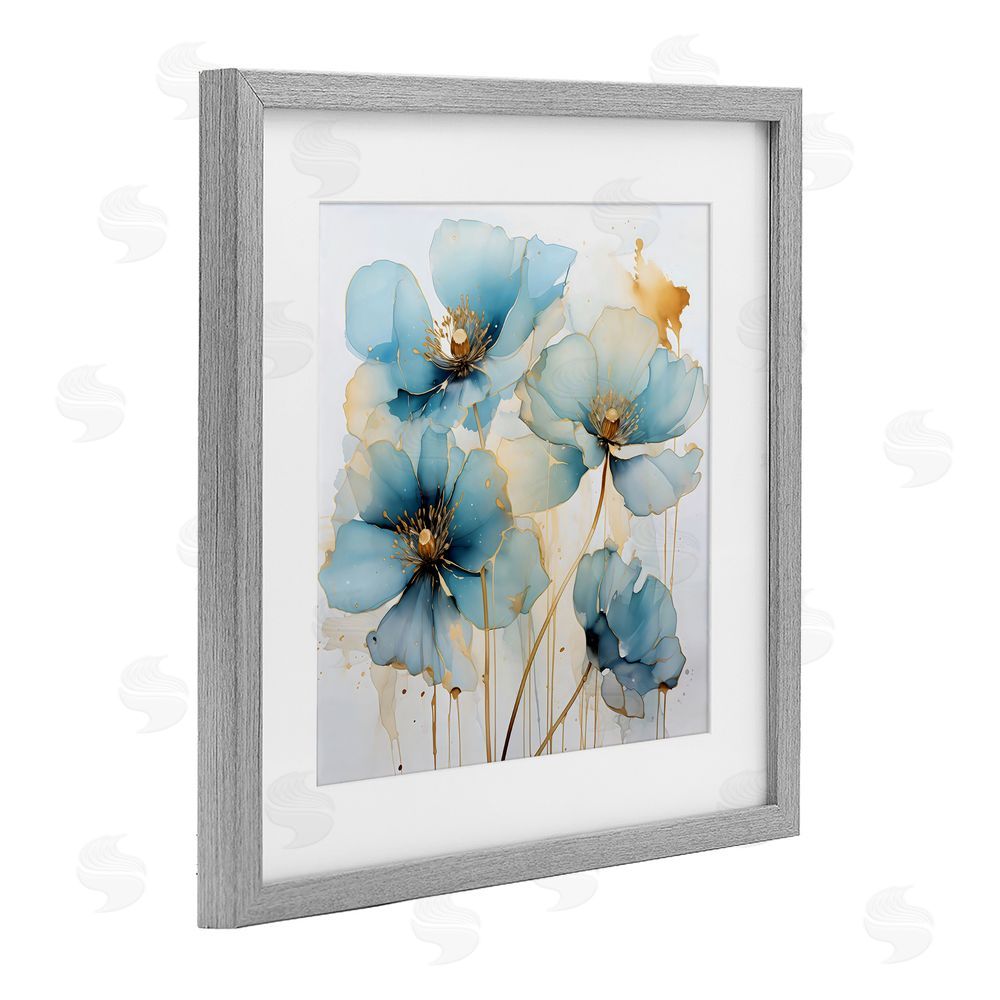 Creative Studio Sapphire and Gold Florals Gray Framed Print Under Glass with White Mat Wall Art