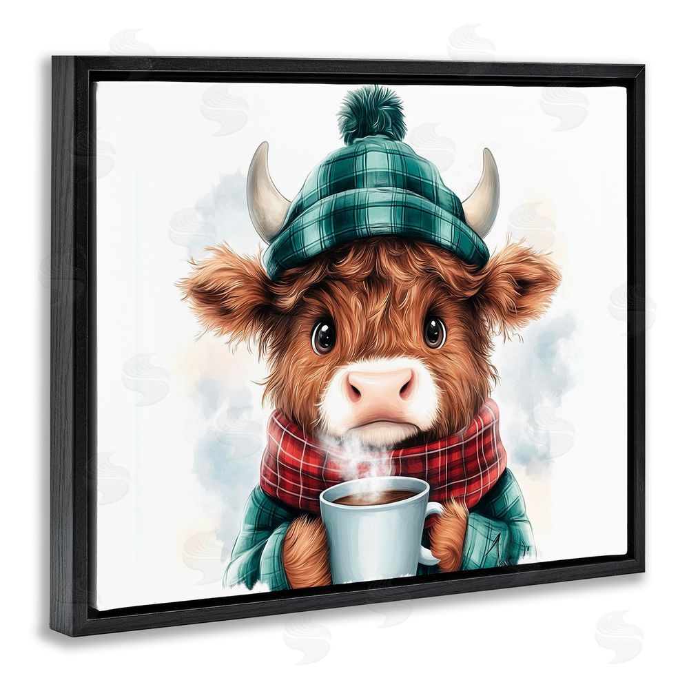 Whimsical Wonders Cozy Hot Chocolate Cow Black Floating Frame Canvas Wall Art Print