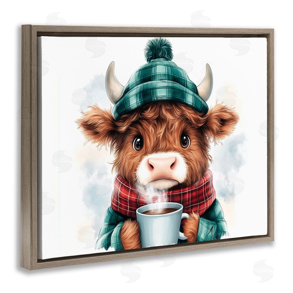 Whimsical Wonders Cozy Hot Chocolate Cow Brown Floating Frame Canvas Wall Art Print