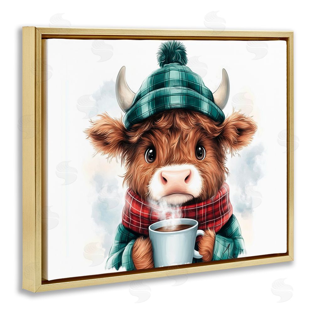 Whimsical Wonders Cozy Hot Chocolate Cow Gold Floating Frame Canvas Wall Art Print