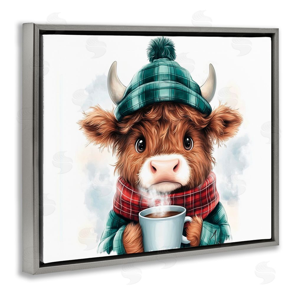Whimsical Wonders Cozy Hot Chocolate Cow Gray Floating Frame Canvas Wall Art Print