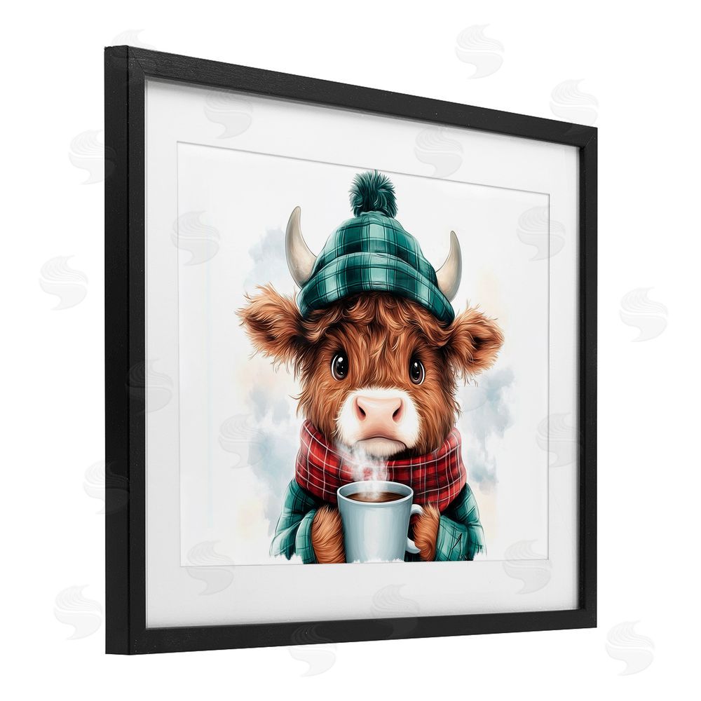 Whimsical Wonders Cozy Hot Chocolate Cow Black Framed Print Under Glass with White Mat Wall Art