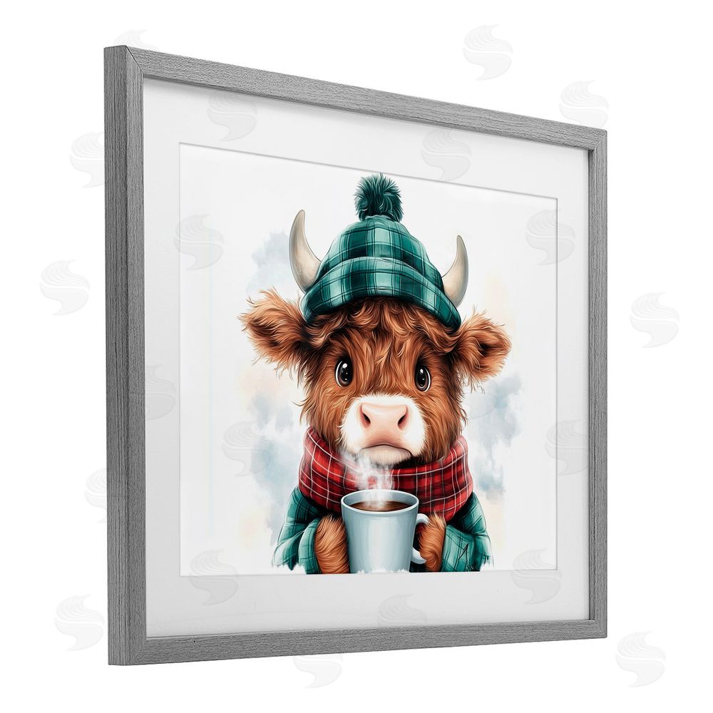 Whimsical Wonders Cozy Hot Chocolate Cow Gray Framed Print Under Glass with White Mat Wall Art