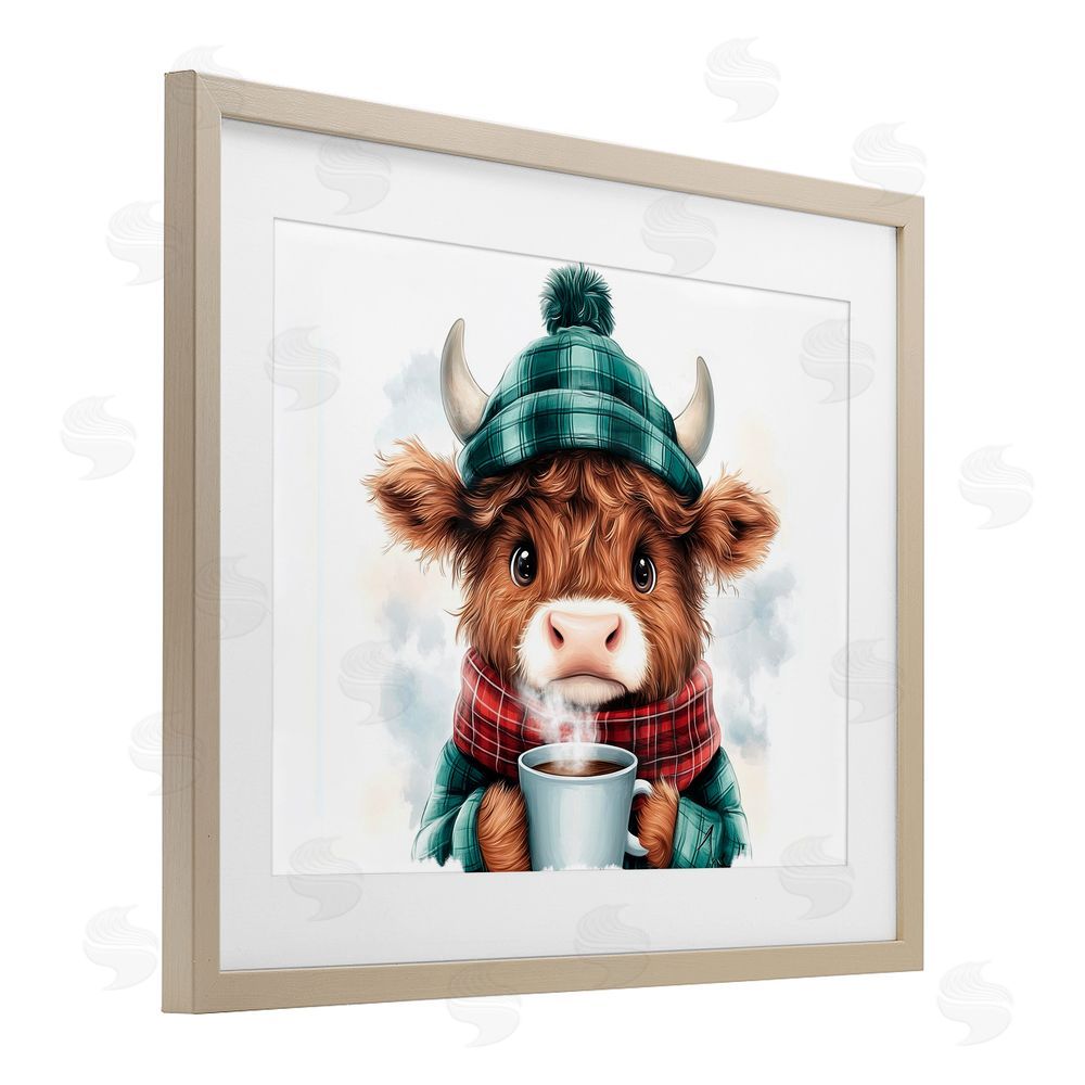 Whimsical Wonders Cozy Hot Chocolate Cow Birch Framed Print Under Glass with White Mat Wall Art