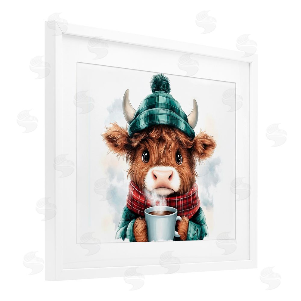Whimsical Wonders Cozy Hot Chocolate Cow White Framed Print Under Glass with Mat Wall Art