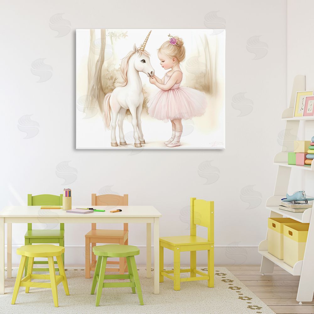 Whimsical Wonders Girl & Unicorn Friendship Stretched Canvas Wall Art in Room