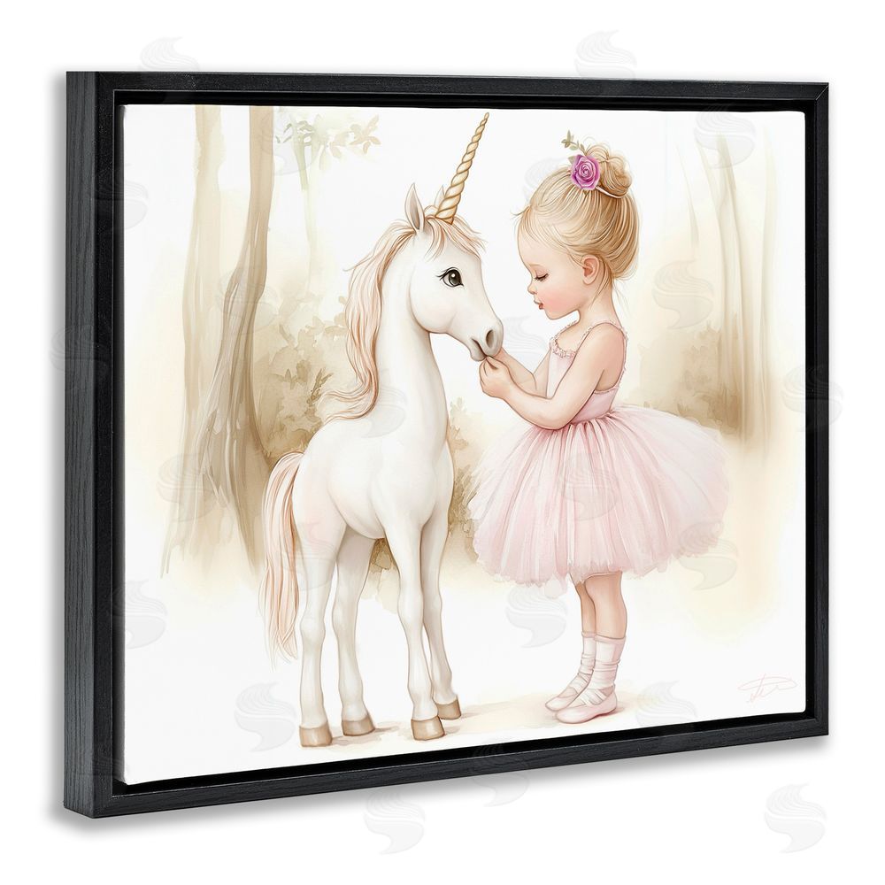 Whimsical Wonders Girl & Unicorn Friendship Black Floating Frame Canvas Wall Art Print