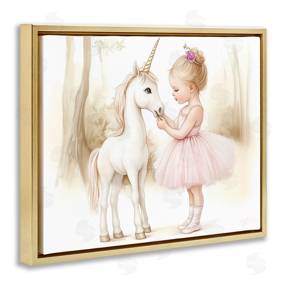 Whimsical Wonders Girl & Unicorn Friendship Gold Floating Frame Canvas Wall Art Print