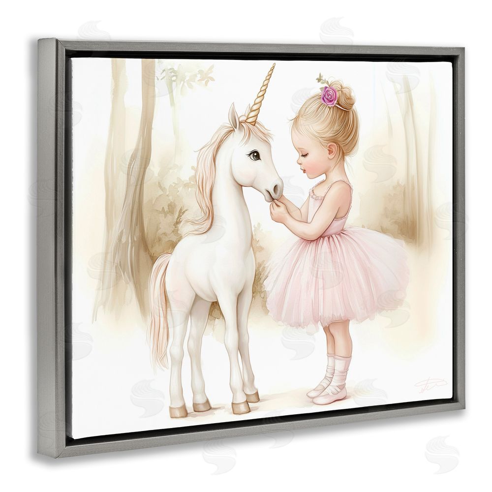 Whimsical Wonders Girl & Unicorn Friendship Gray Floating Frame Canvas Wall Art Print