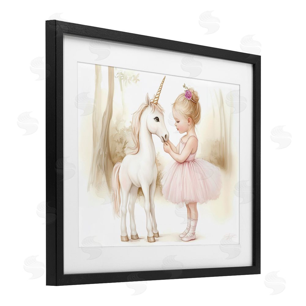 Whimsical Wonders Girl & Unicorn Friendship Black Framed Print Under Glass Wall Art