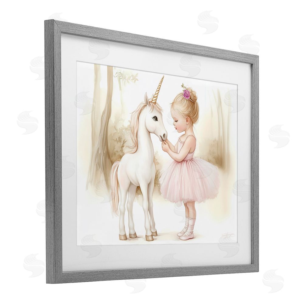 Whimsical Wonders Girl & Unicorn Friendship Gray Framed Print Under Glass Wall Art