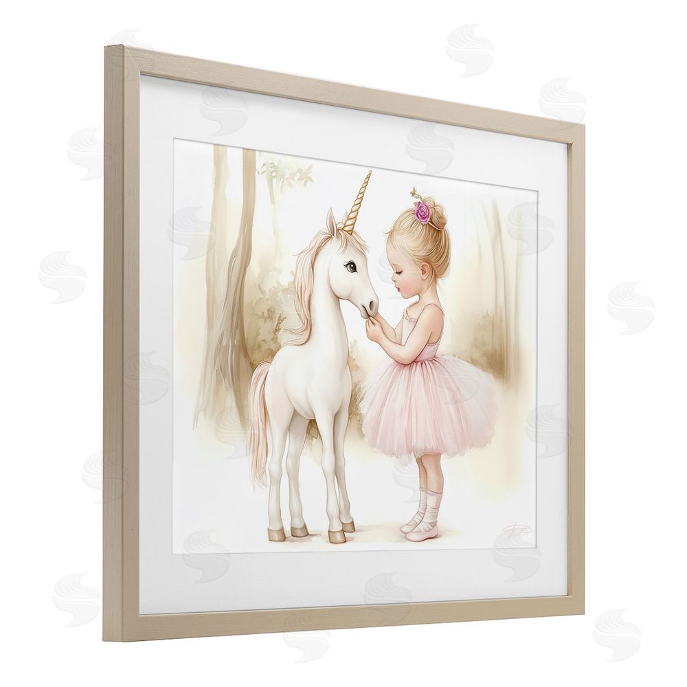 Whimsical Wonders Girl & Unicorn Friendship Brown Framed Print Under Glass Wall Art