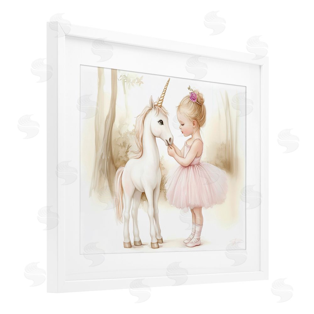 Whimsical Wonders Girl & Unicorn Friendship White Framed Print Under Glass Wall Art
