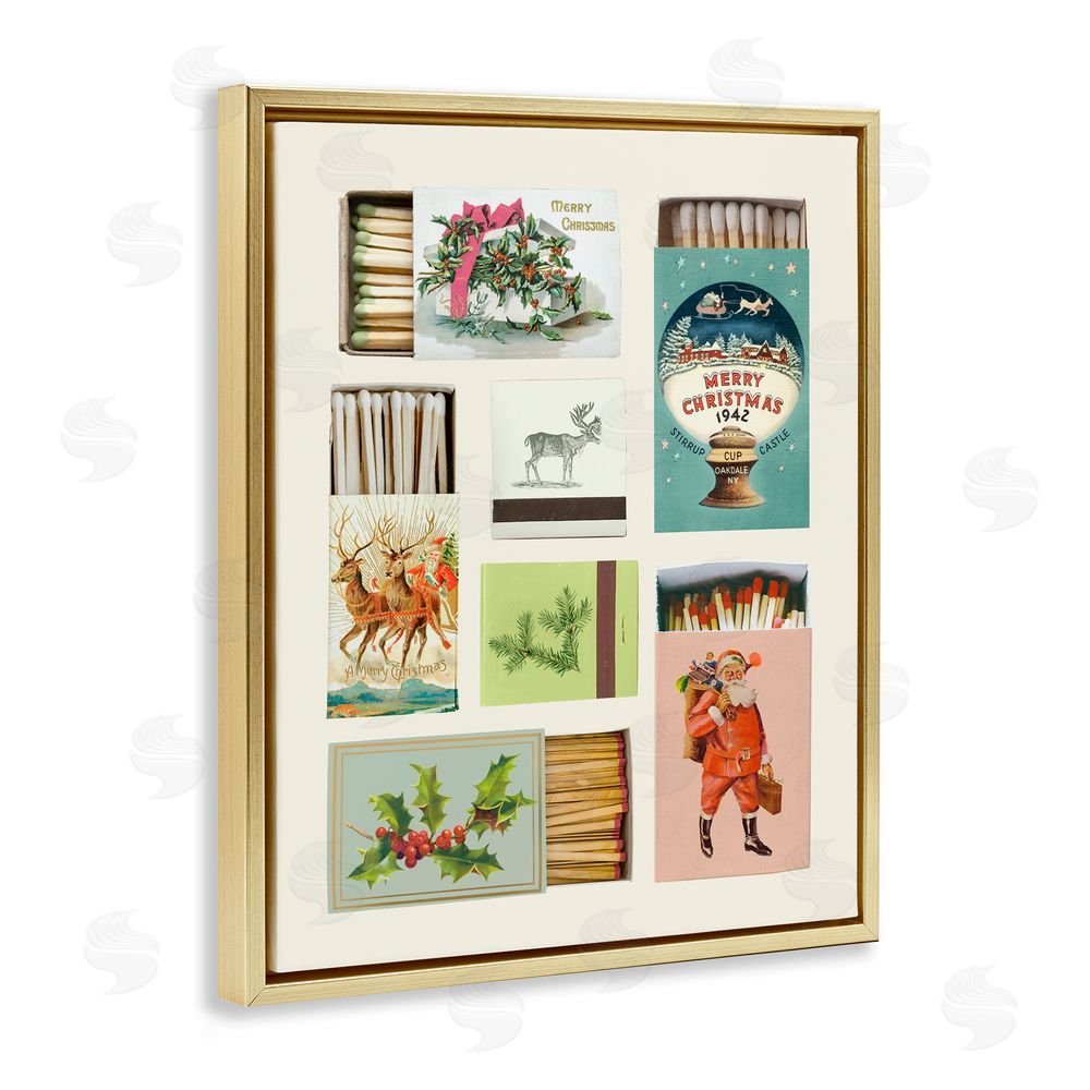 Victoria Barnes Vintage Christmas Match Boxes Gold Floating Frame Canvas Wall Art Print