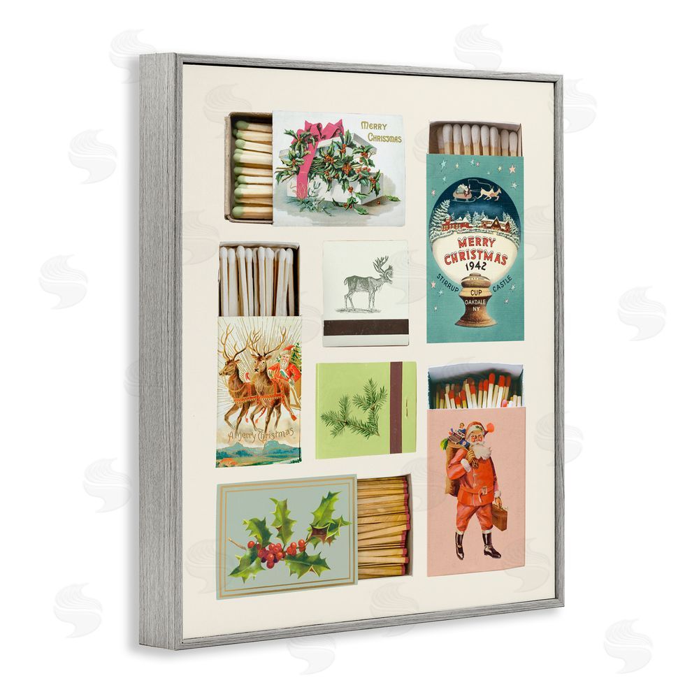 Victoria Barnes Vintage Christmas Match Boxes Gray Framed Giclee Wall Art Print