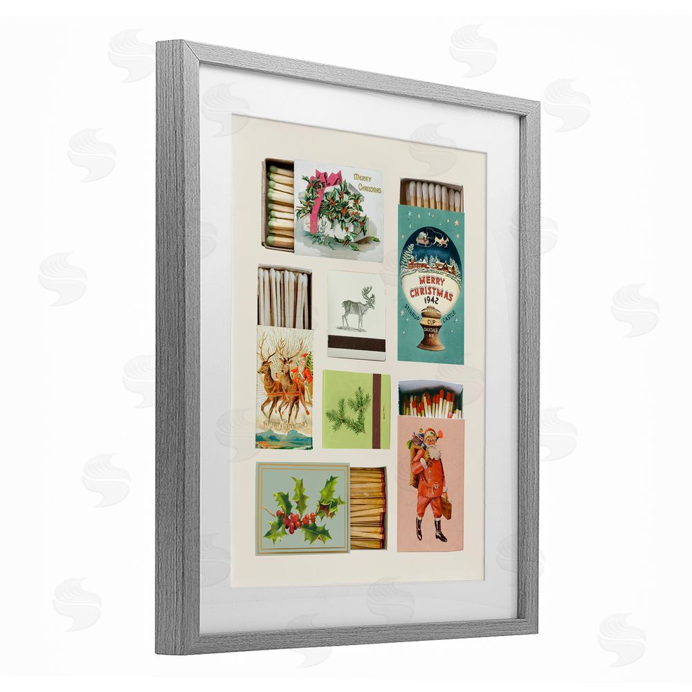 Victoria Barnes Vintage Christmas Match Boxes Gray Framed Print Under Glass with White Mat Wall Art