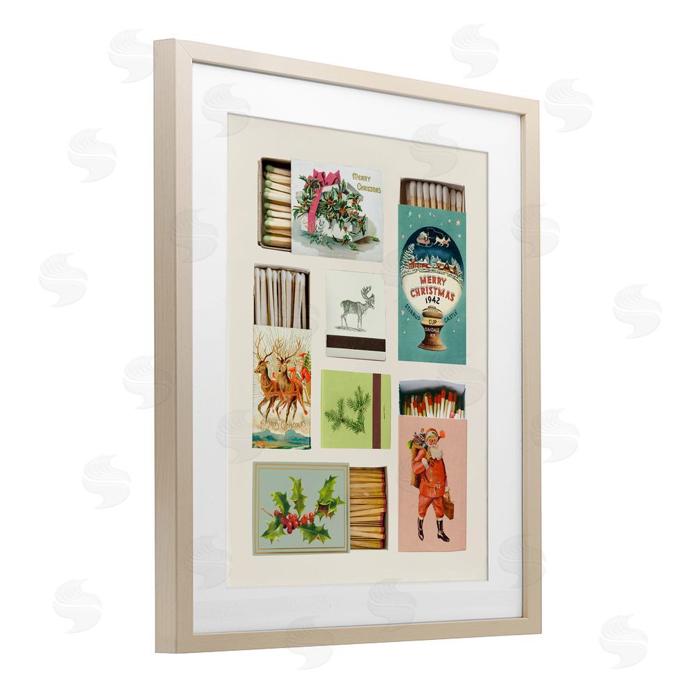 Victoria Barnes Vintage Christmas Match Boxes Birch Framed Print Under Glass with White Mat Wall Art