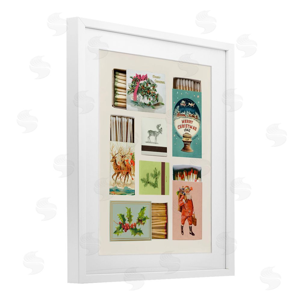 Victoria Barnes Vintage Christmas Match Boxes White Framed Print Under Glass with Mat Wall Art