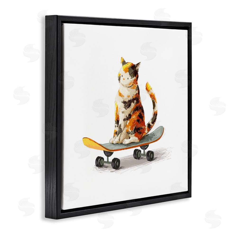Ziwei Li Calico Cat on Skateboard Black Floating Frame Stretched Canvas Wall Art Print