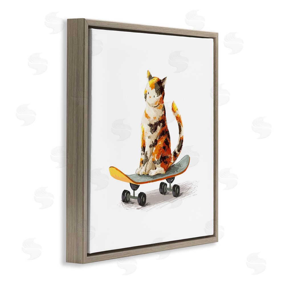 Ziwei Li Calico Cat on Skateboard Brown Floating Frame Stretched Canvas Wall Art Print