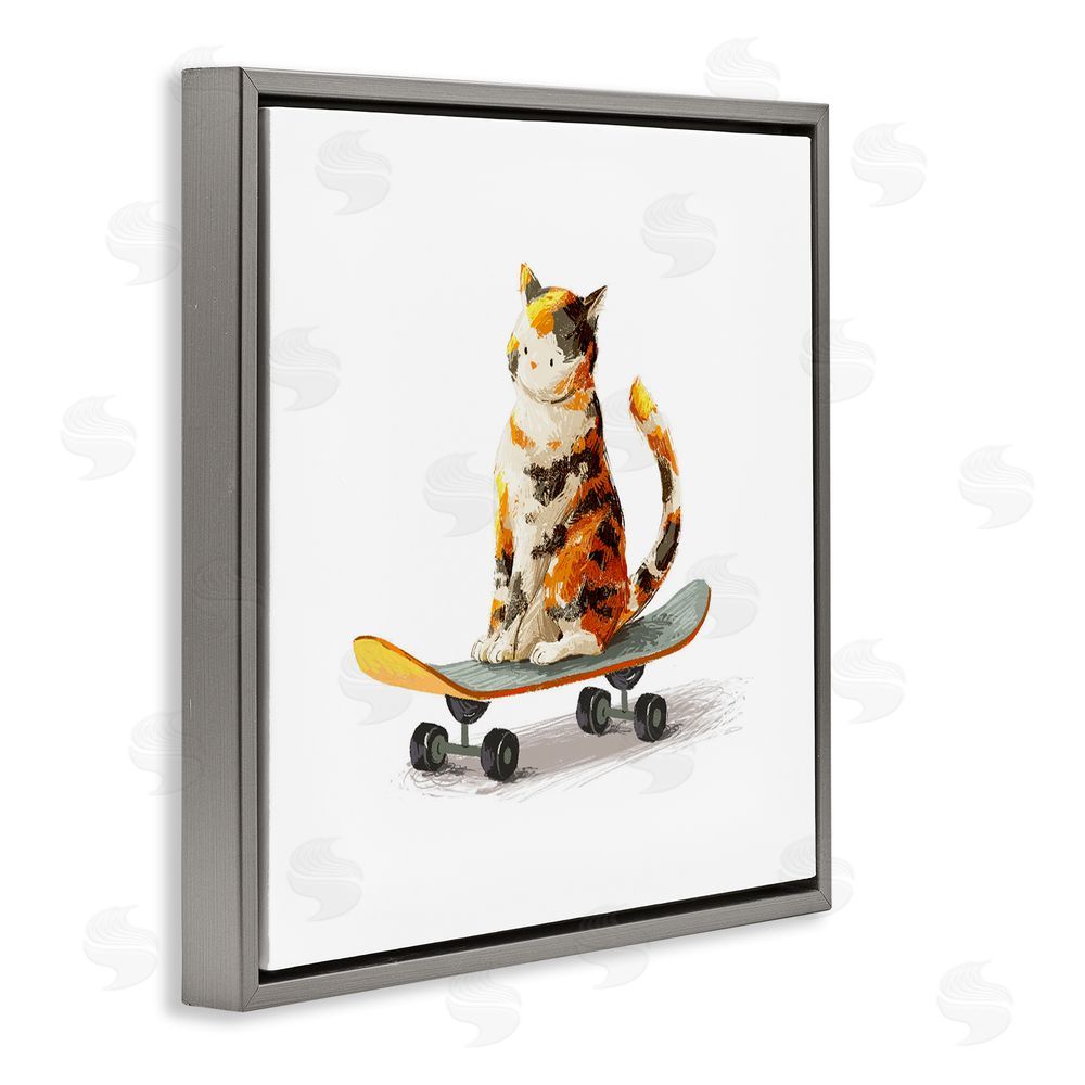 Ziwei Li Calico Cat on Skateboard Gray Floating Frame Stretched Canvas Wall Art Print