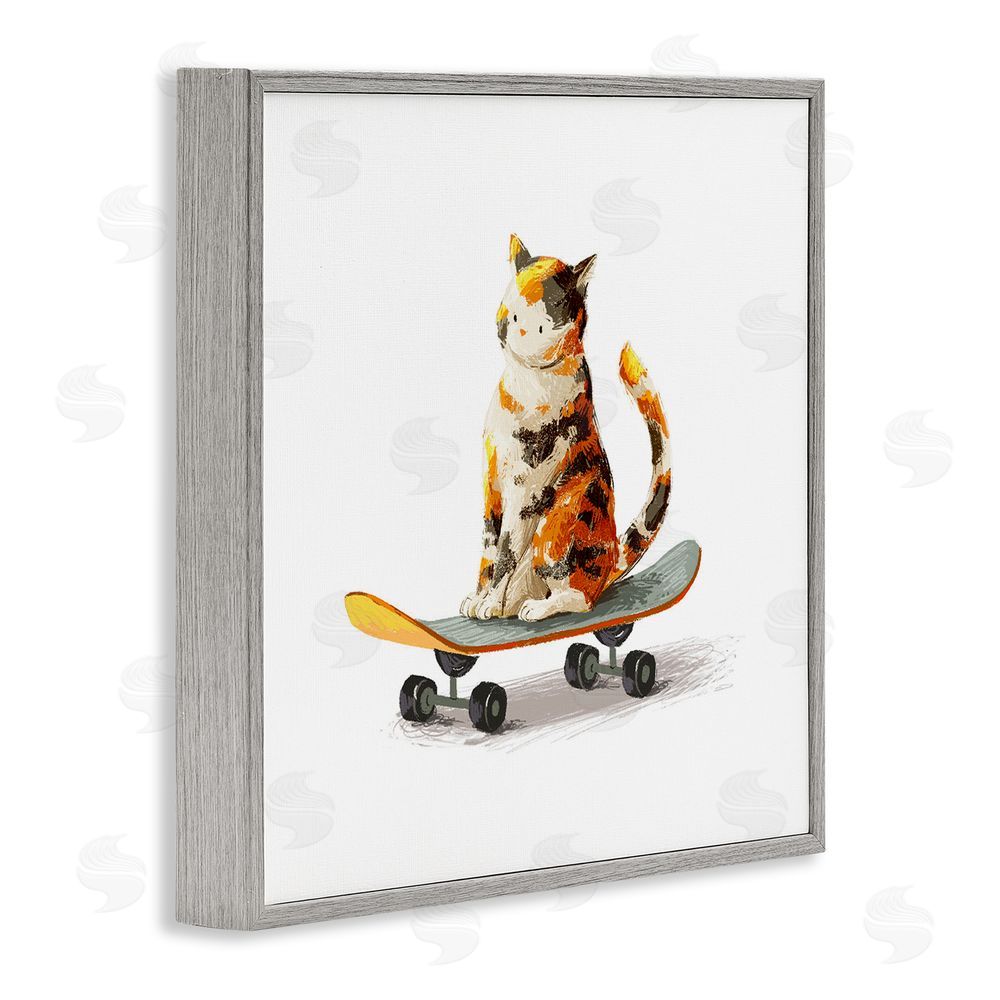 Ziwei Li Calico Cat on Skateboard Gray Framed Giclee Wall Art Print