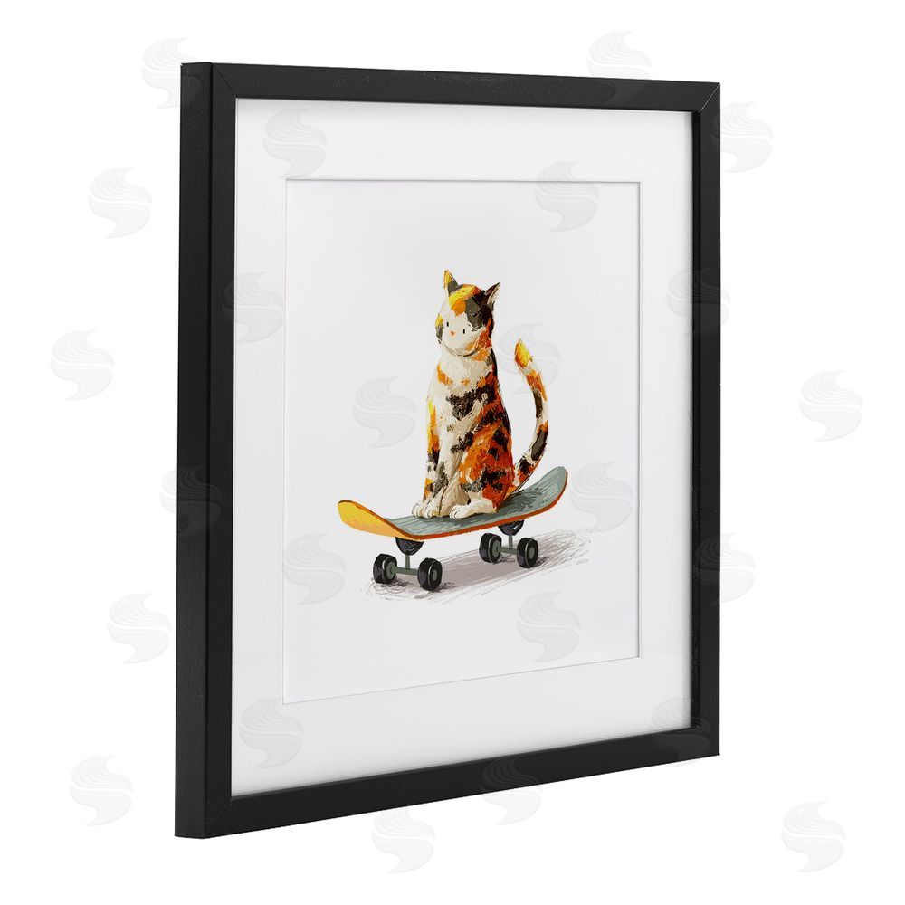 Ziwei Li Calico Cat on Skateboard Black Framed Print Under Glass with Matting Wall Art