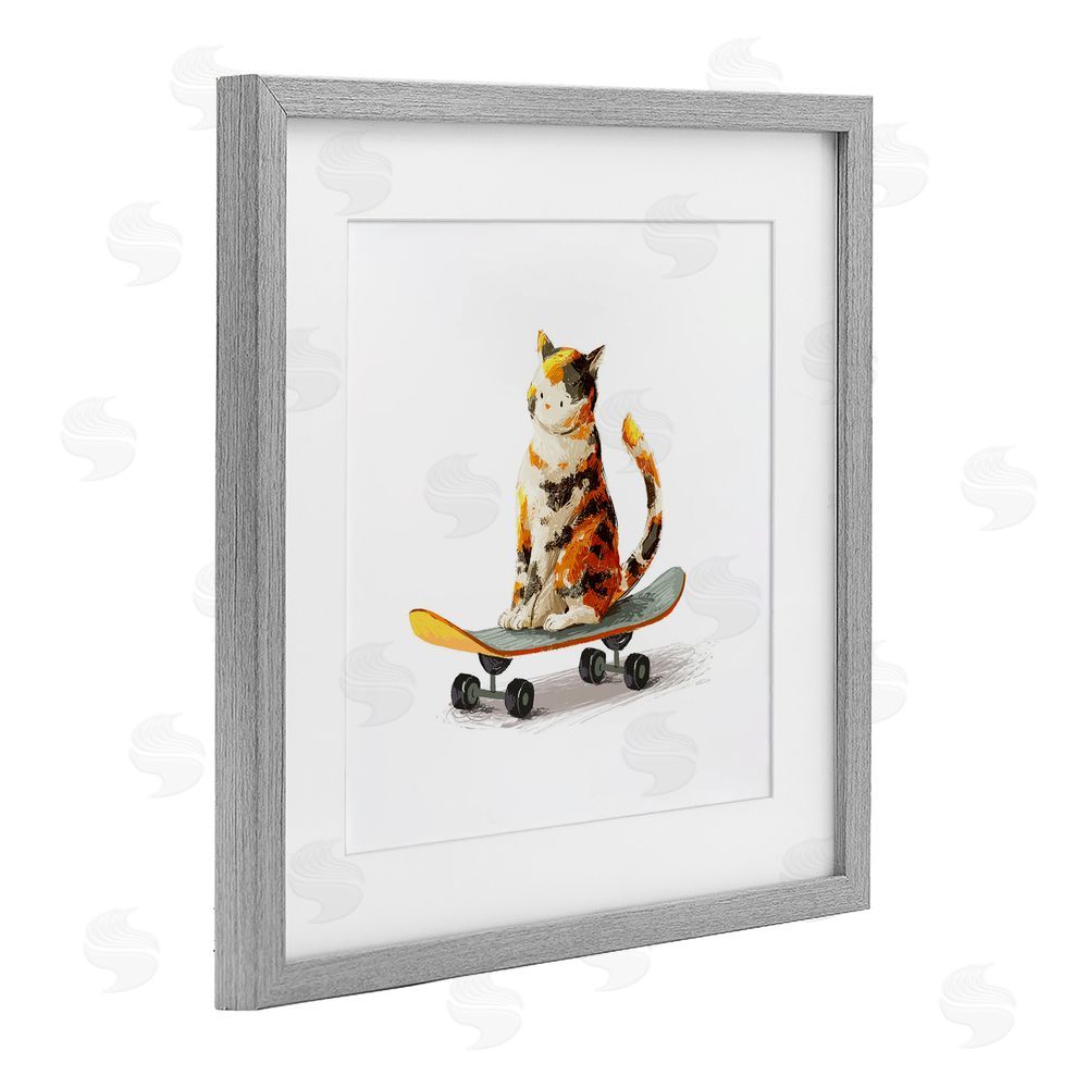 Ziwei Li Calico Cat on Skateboard Gray Framed Print Under Glass with Matting Wall Art