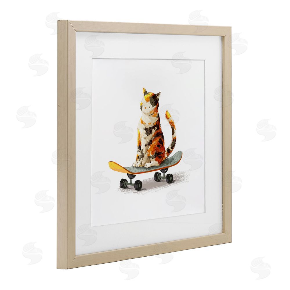 Ziwei Li Calico Cat on Skateboard Brown Framed Print Under Glass with Matting Wall Art