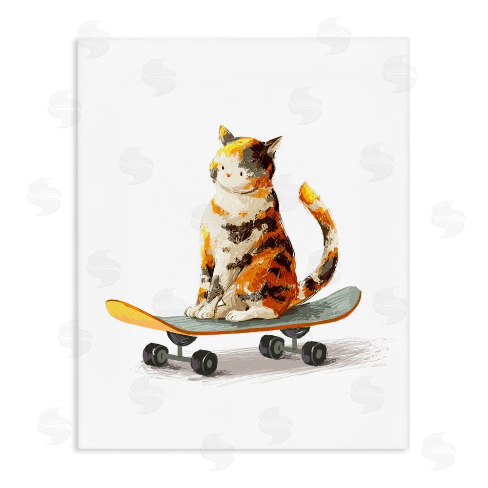 Ziwei Li Calico Cat on a Skateboard Stretched Canvas Wall Art Print