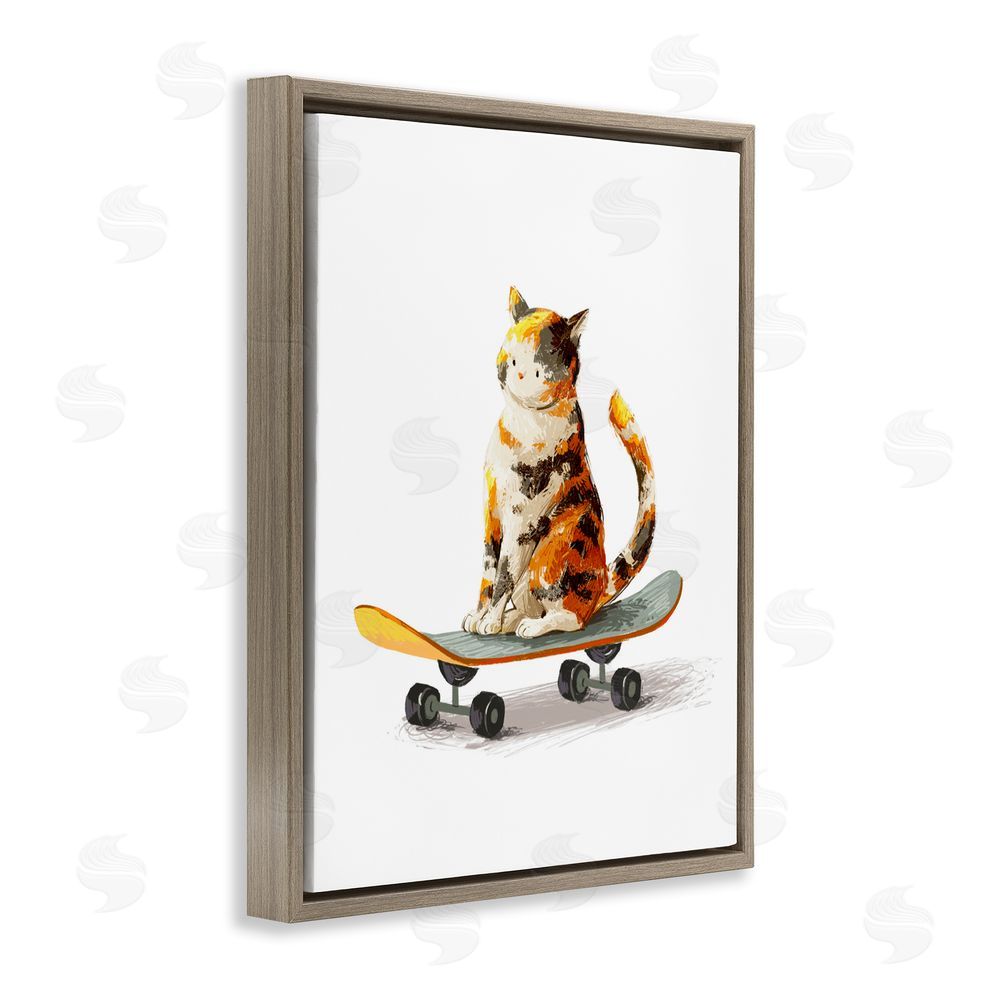 Ziwei Li Calico Cat on a Skateboard Brown Floating Frame Stretched Canvas Wall Art Print