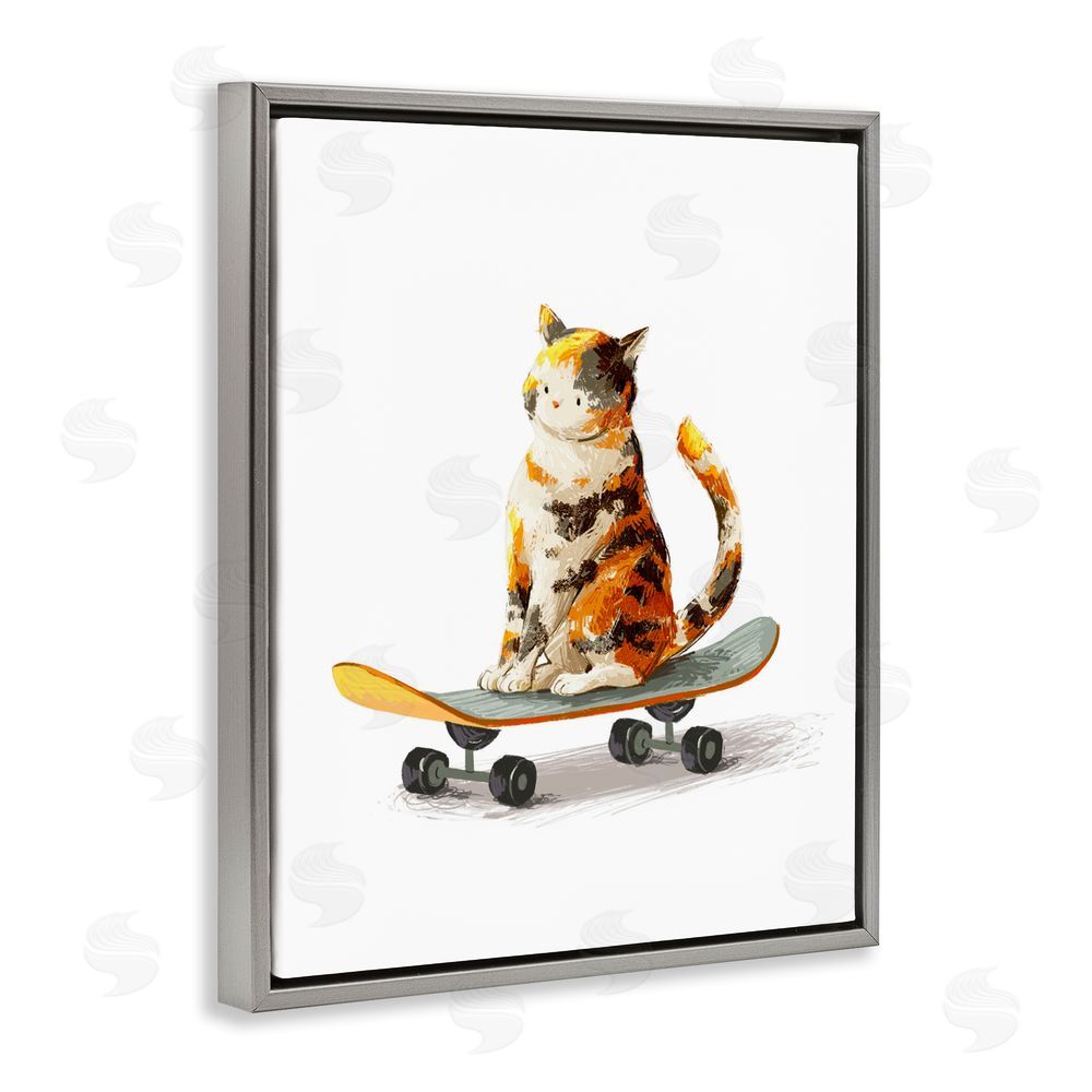 Ziwei Li Calico Cat on a Skateboard Gray Floating Frame Stretched Canvas Wall Art Print