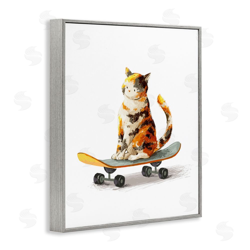 Ziwei Li Calico Cat on a Skateboard Gray Framed Giclee Wall Art Print