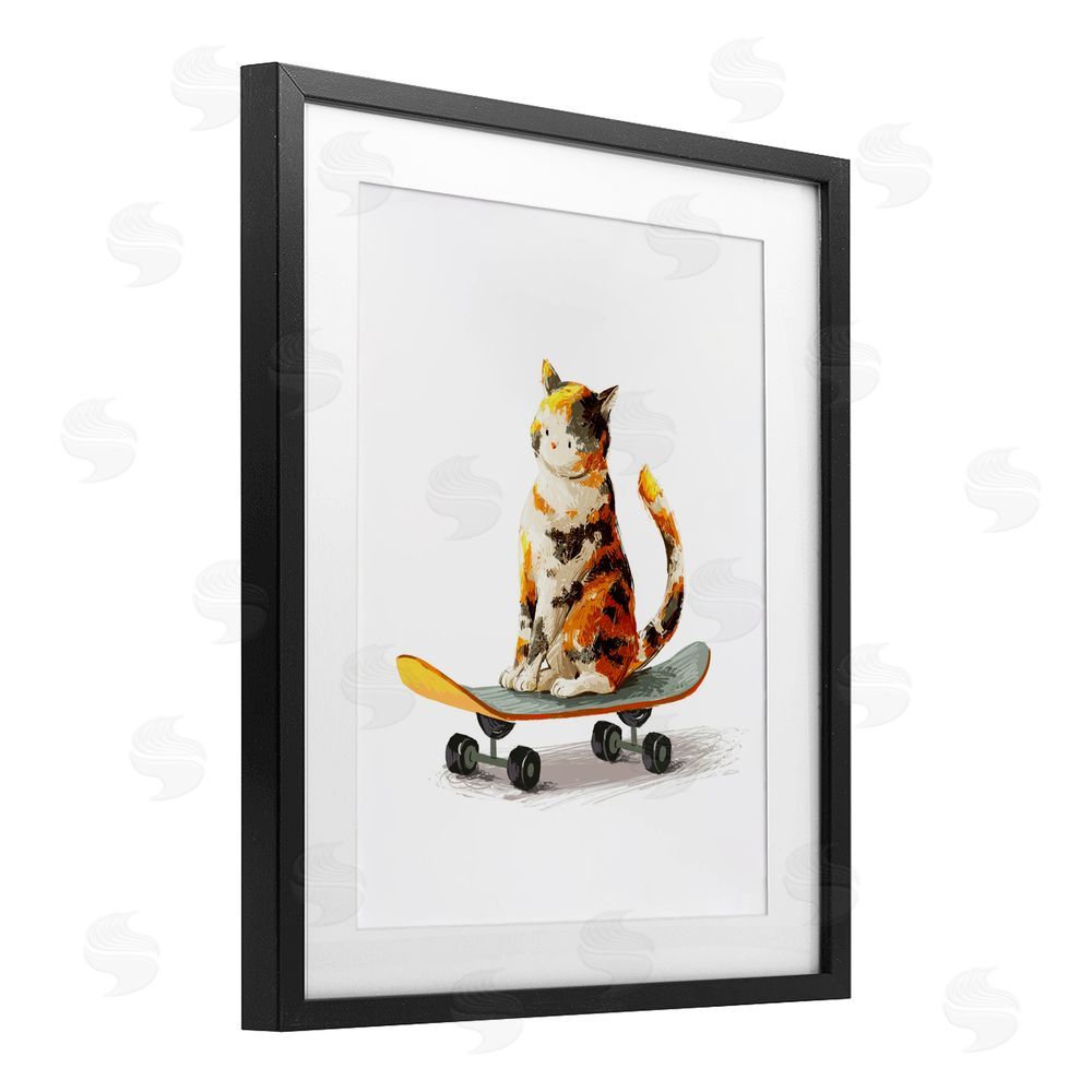 Ziwei Li Calico Cat on a Skateboard Black Framed Print Under Glass with Matting Wall Art