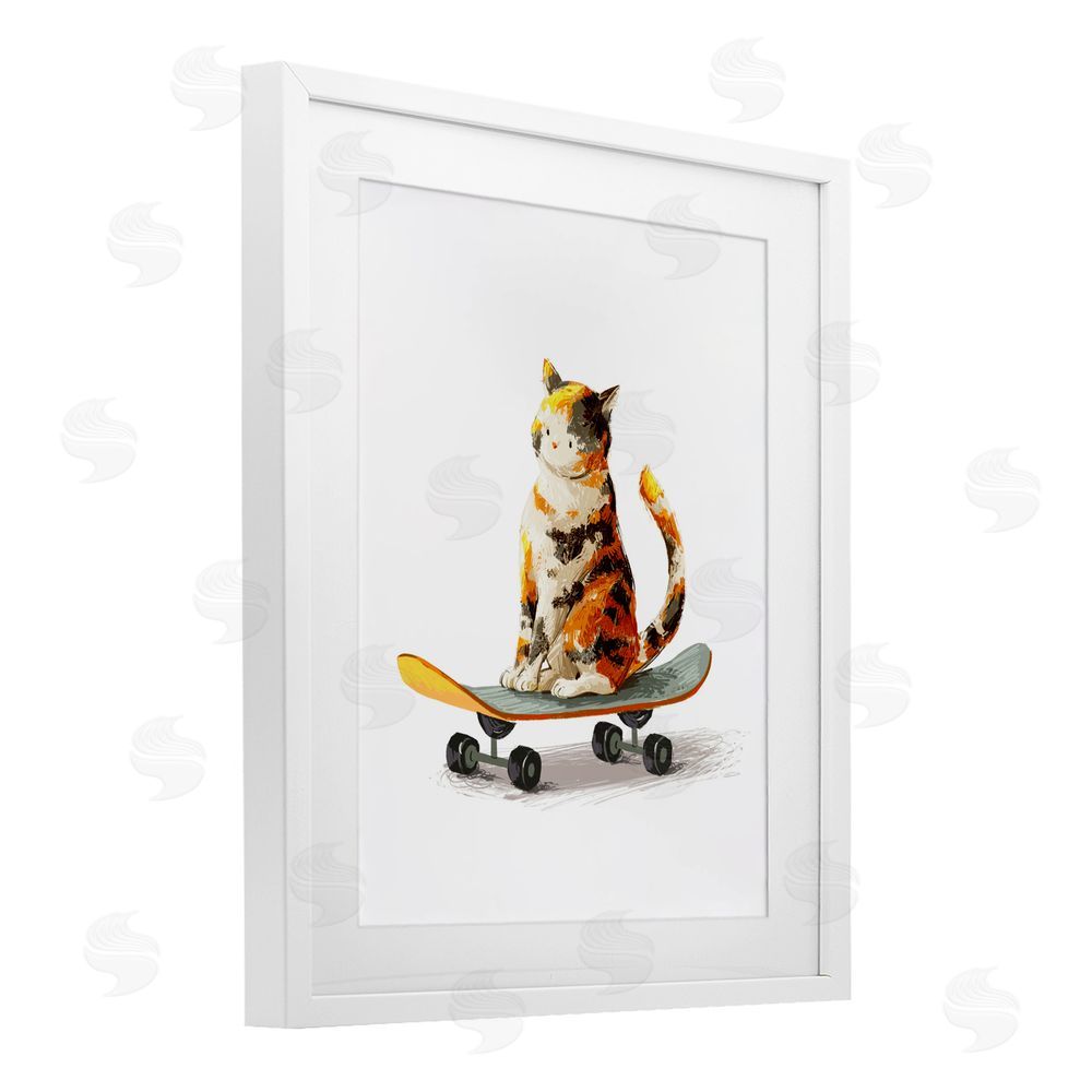 Ziwei Li Calico Cat on a Skateboard White Framed Print Under Glass with Matting Wall Art