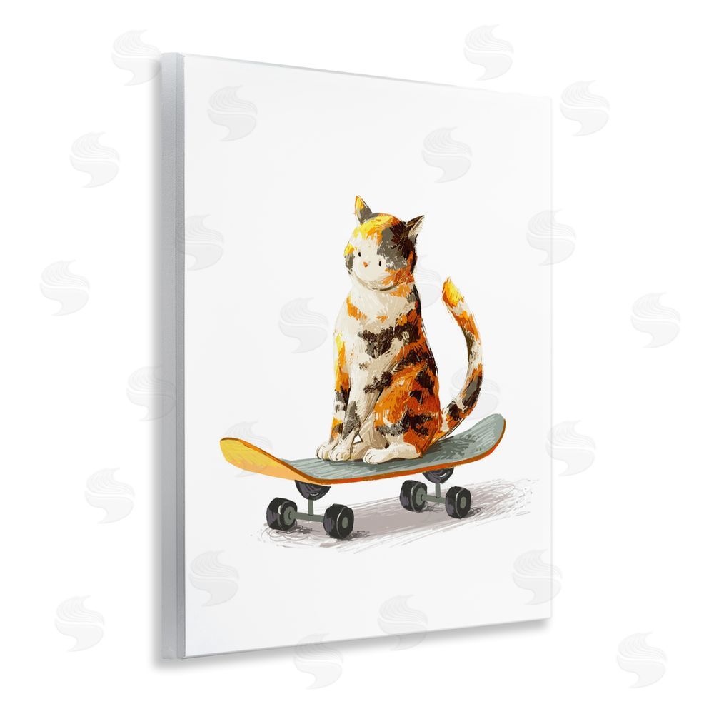 Ziwei Li Calico Cat on a Skateboard Wall Plaque Art Print with White Foil Wrap