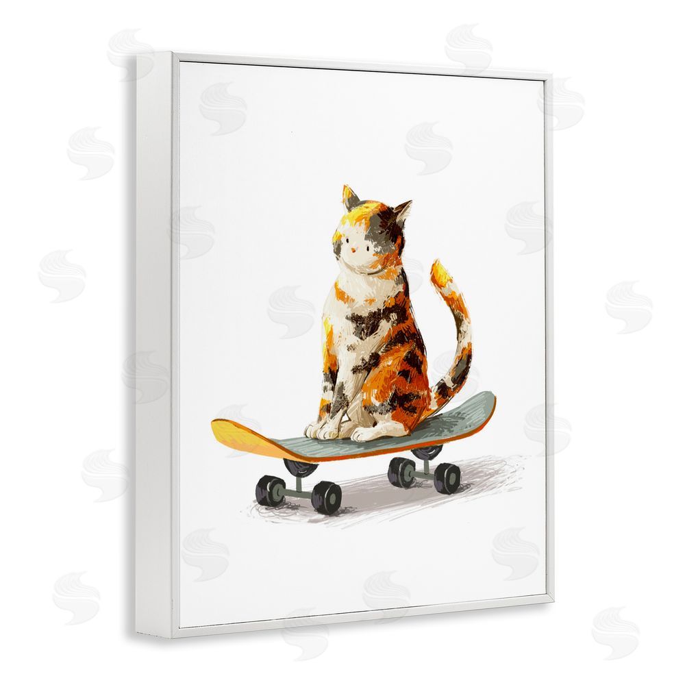 Ziwei Li Calico Cat on a Skateboard White Framed Giclee Wall Art Print