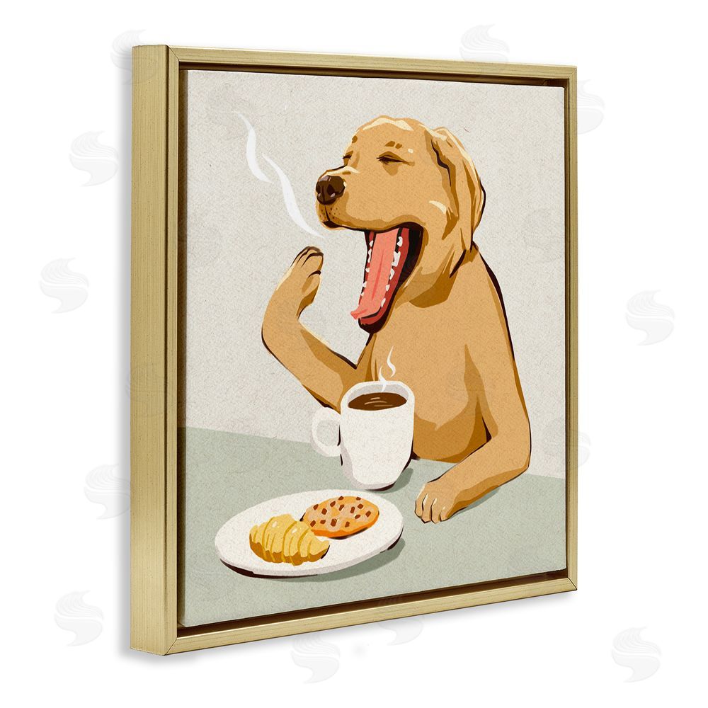 Ziwei Li Yawning Dog Morning Coffee Gold Floating Framed Canvas Wall Art Print