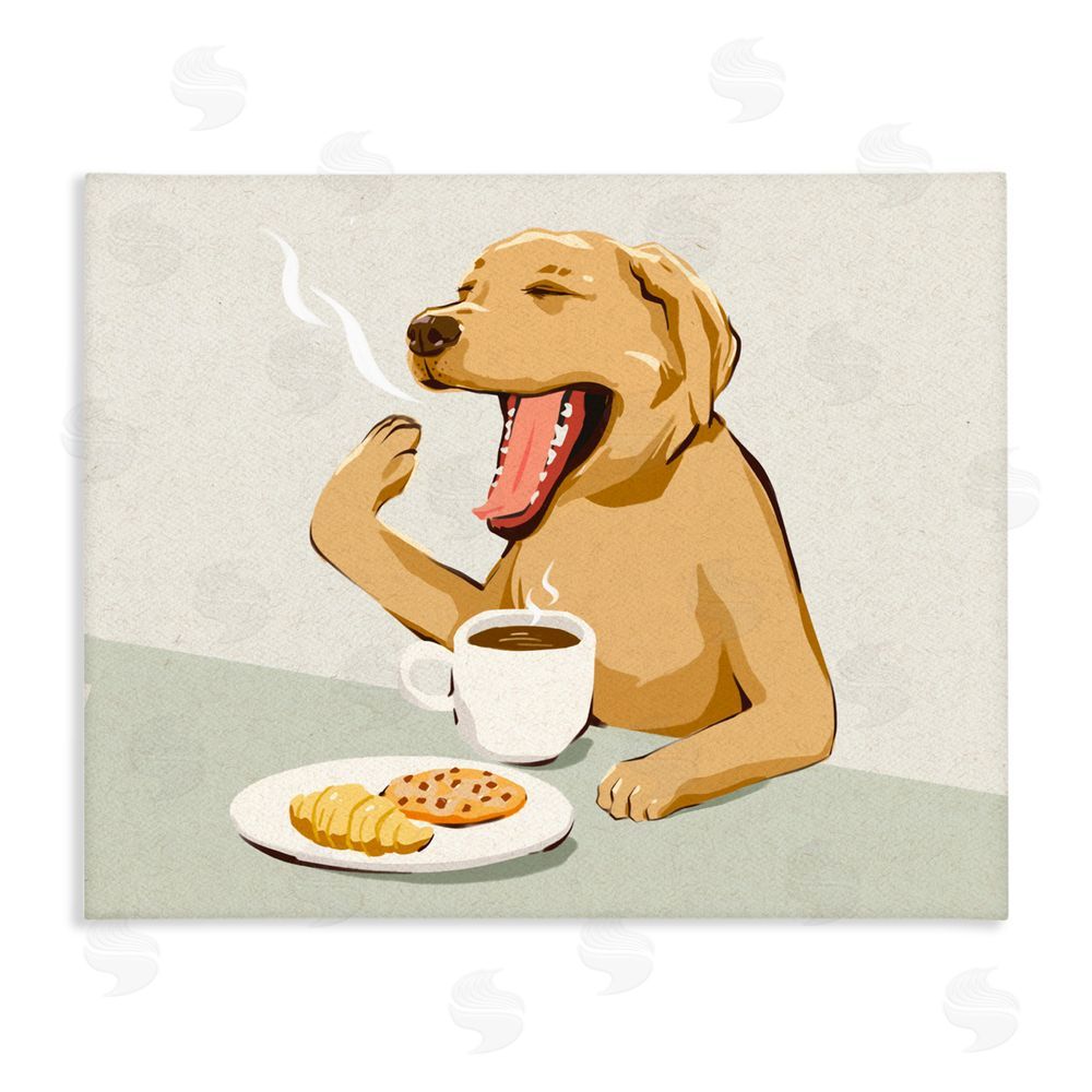 Ziwei Li Yawning Dog with Morning Coffee Stretched Canvas Wall Art Print