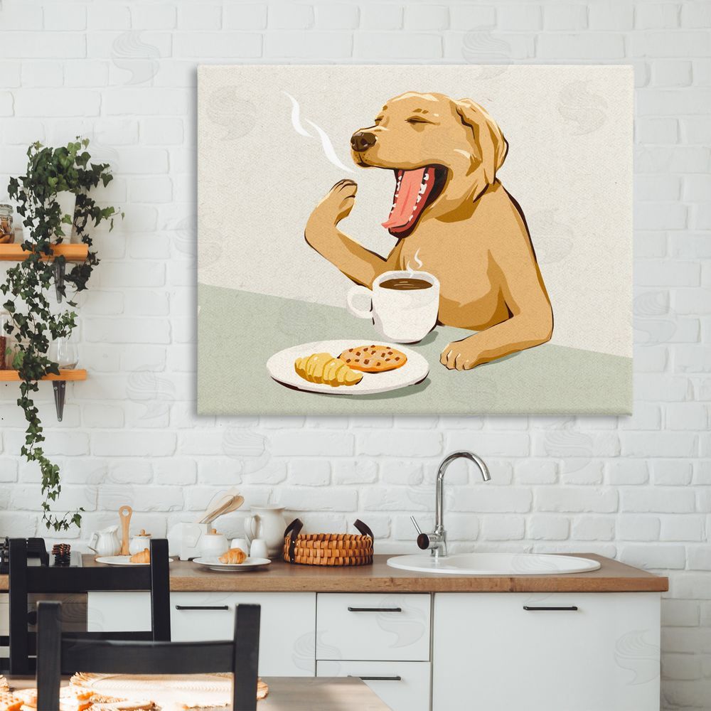 Ziwei Li Yawning Dog with Morning Coffee Stretched Canvas on Wall