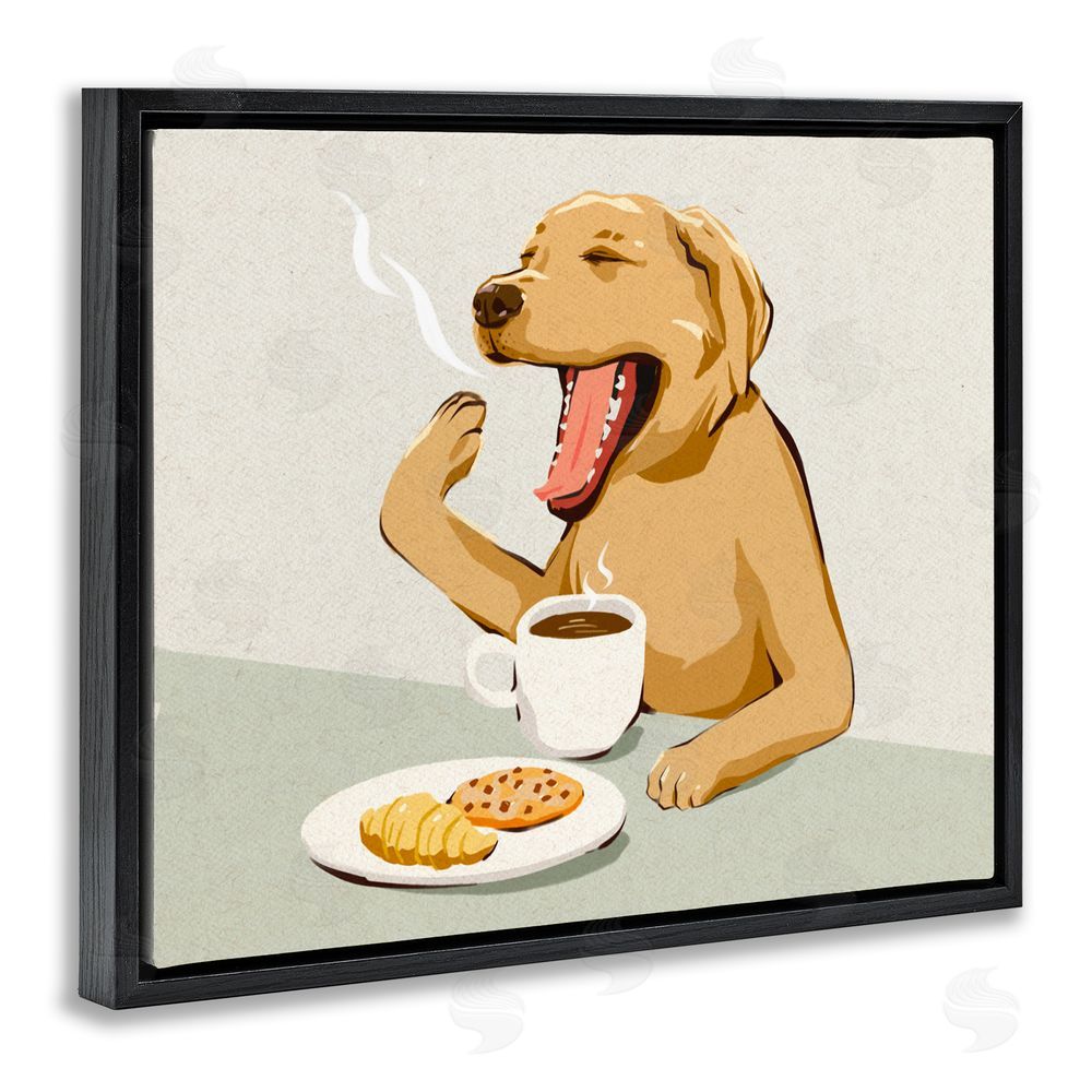 Ziwei Li Yawning Dog with Morning Coffee Black Floating Framed Canvas Wall Art Print