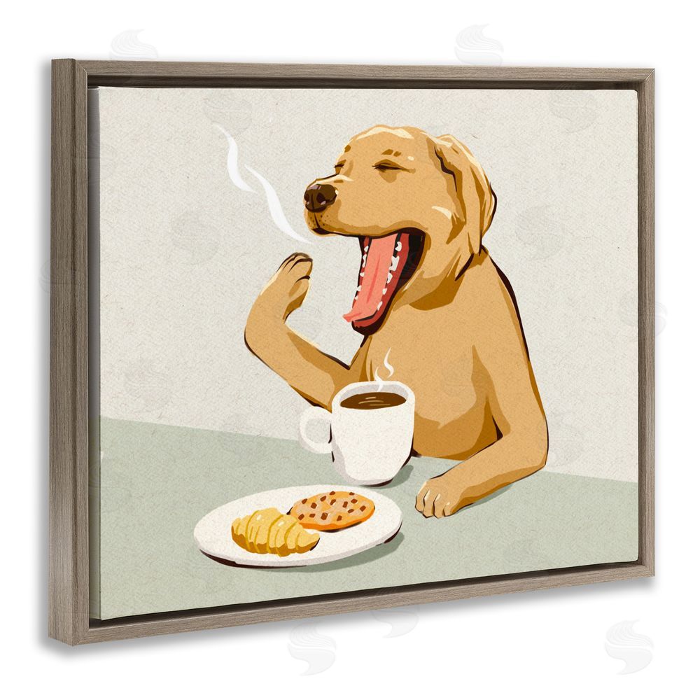 Ziwei Li Yawning Dog with Morning Coffee Brown Floating Framed Canvas Wall Art Print