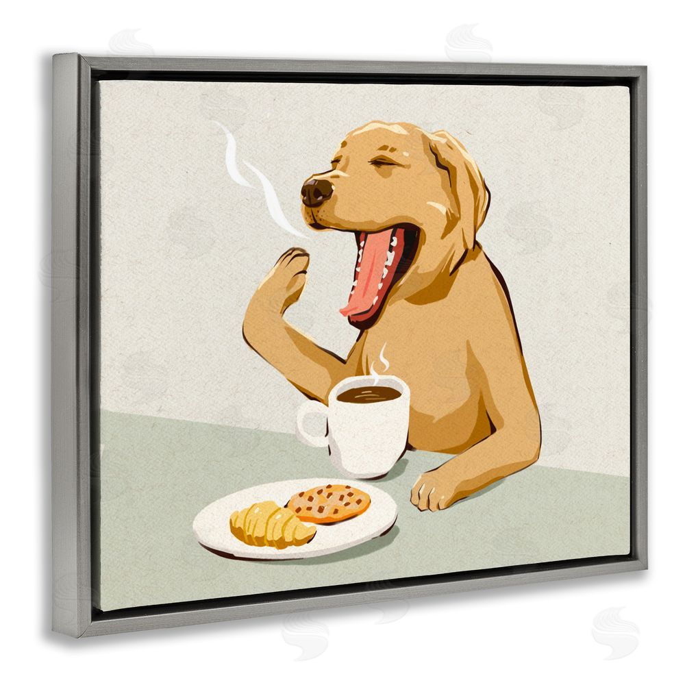 Ziwei Li Yawning Dog with Morning Coffee Gray Floating Framed Canvas Wall Art Print