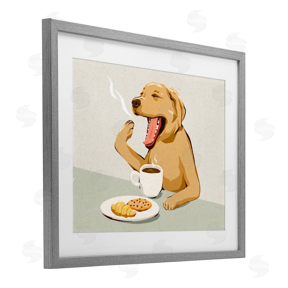 Ziwei Li Yawning Dog with Morning Coffee Gray Framed Print Under Glass with White Mat Wall Art