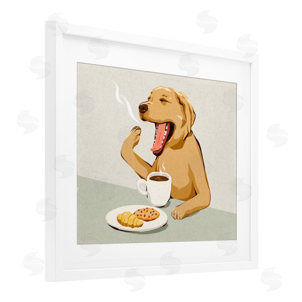 Ziwei Li Yawning Dog with Morning Coffee White Framed Print Under Glass with White Mat Wall Art