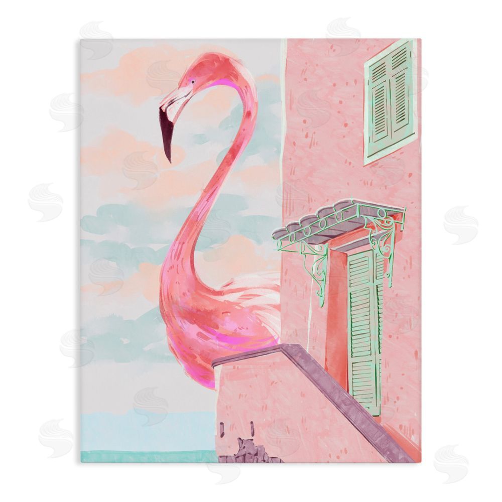 Ziwei Li Giant Flamingo with Seaside Balcony Stretched Canvas Wall Art