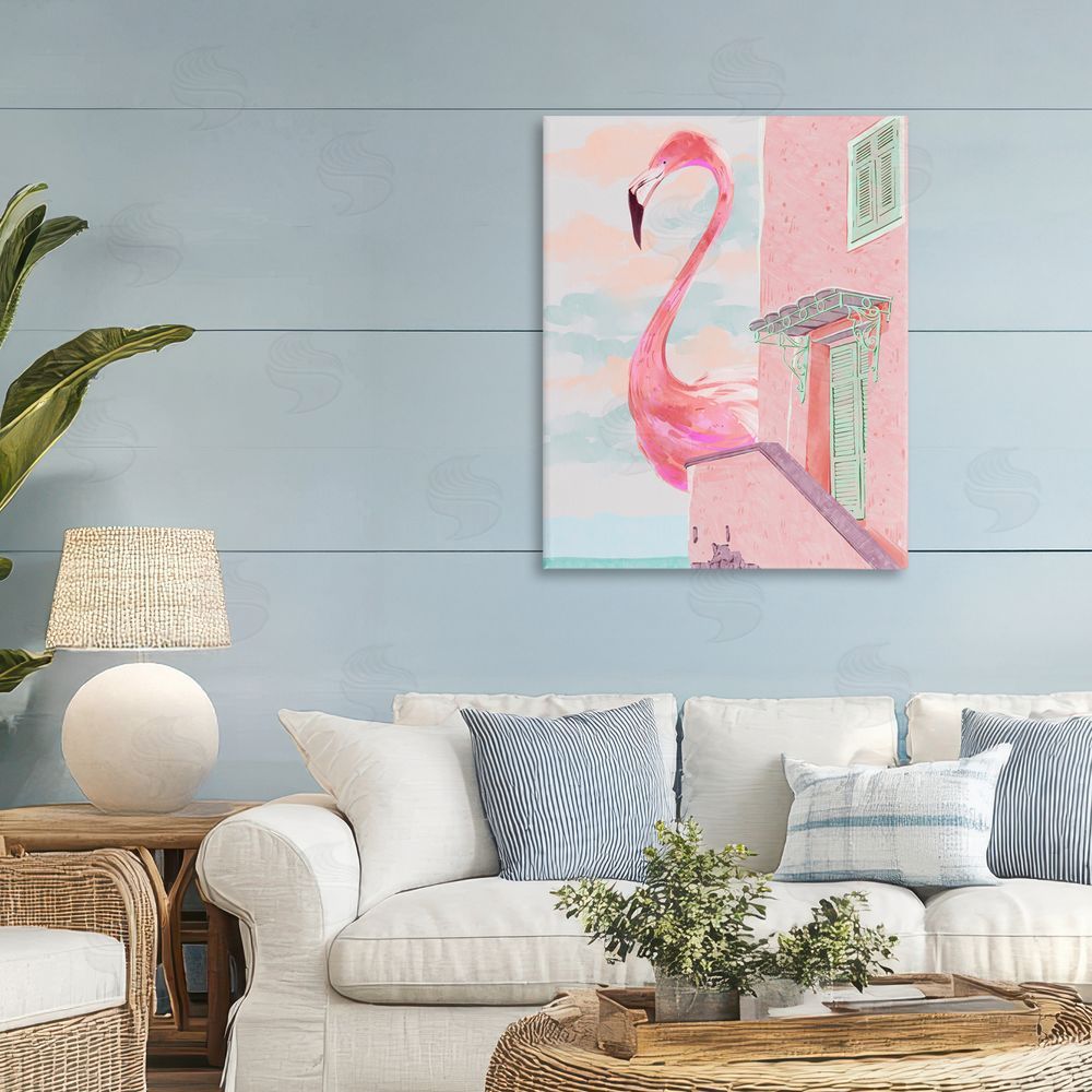 Ziwei Li Giant Flamingo with Seaside Balcony Stretched Canvas Wall Art in Room