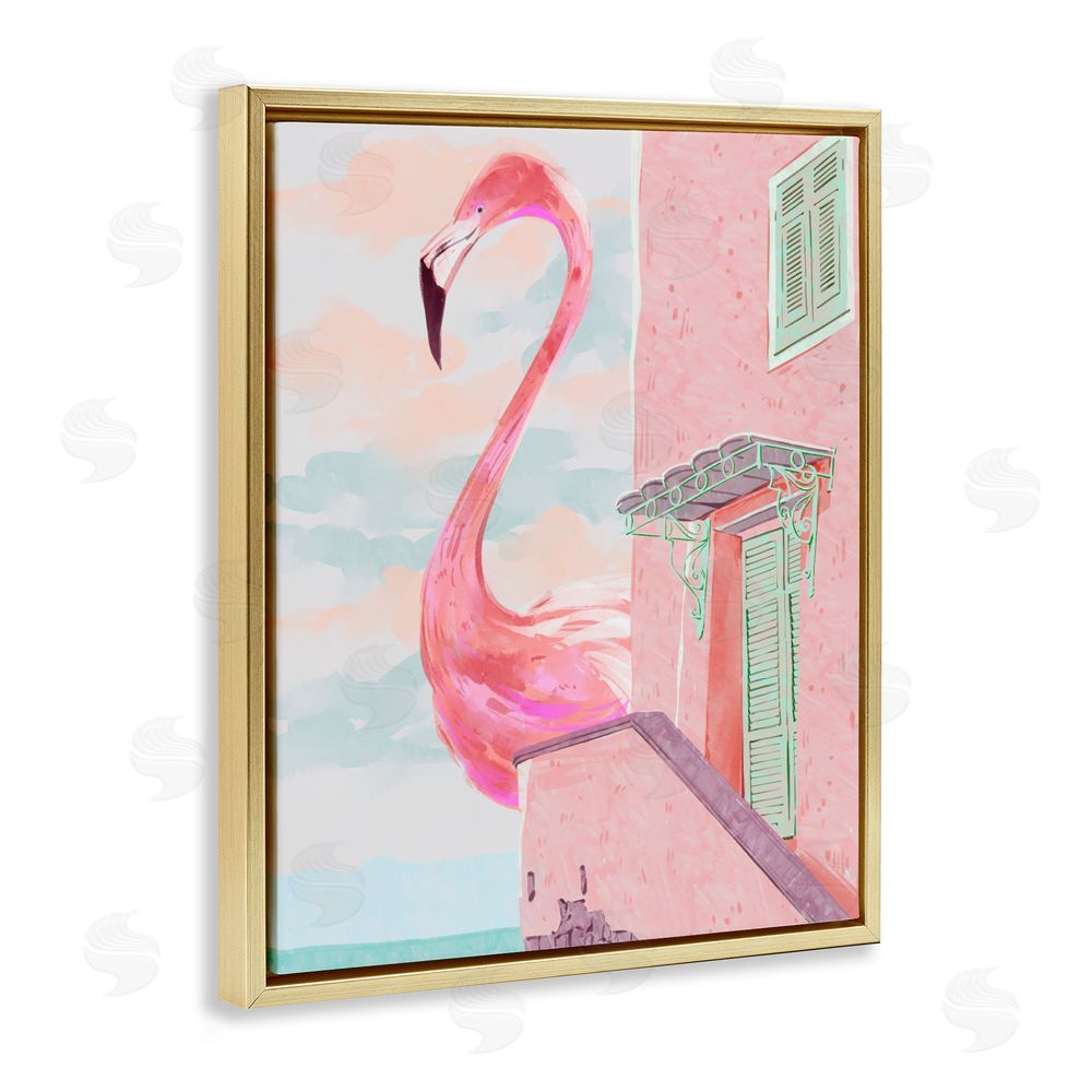 Ziwei Li Giant Flamingo with Seaside Balcony Gold Floating Framed Canvas Wall Art