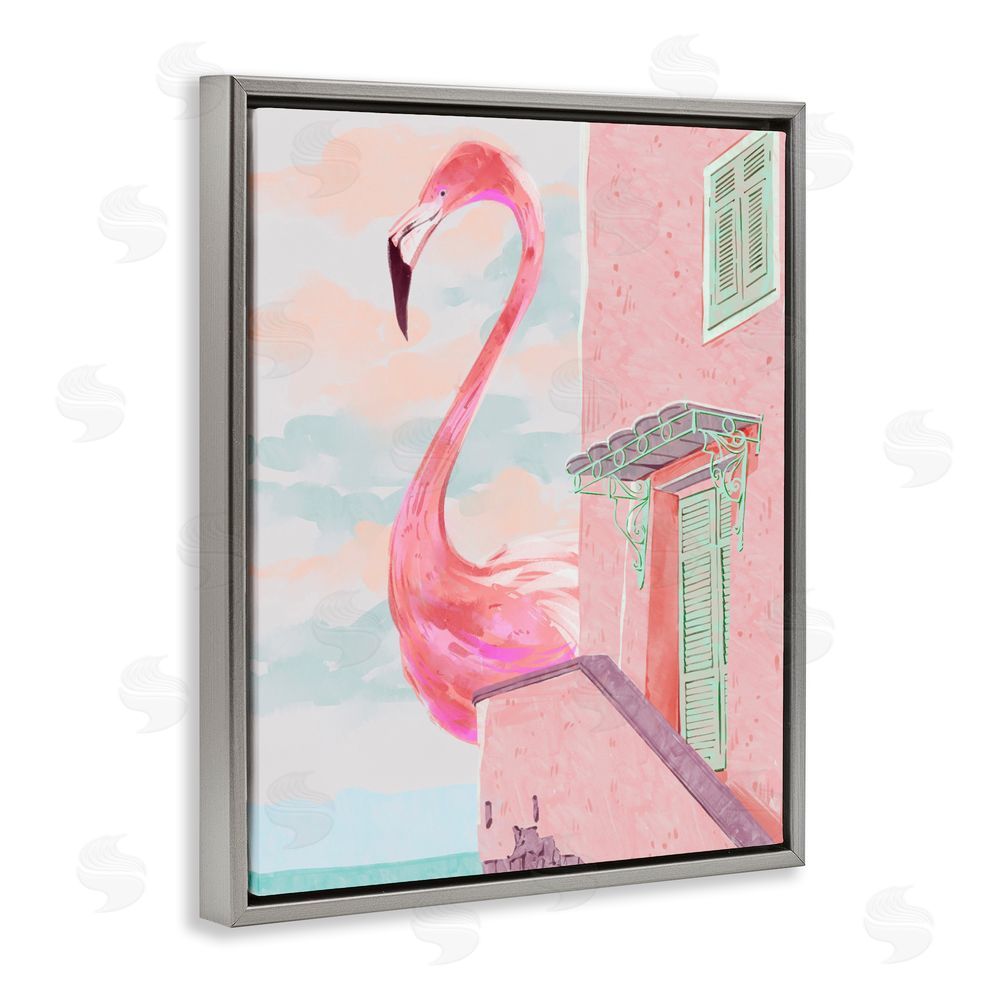 Ziwei Li Giant Flamingo with Seaside Balcony Gray Floating Framed Canvas Wall Art