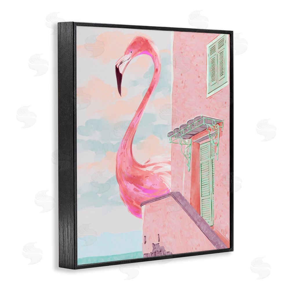 Ziwei Li Giant Flamingo with Seaside Balcony Black Framed Giclee Wall Art